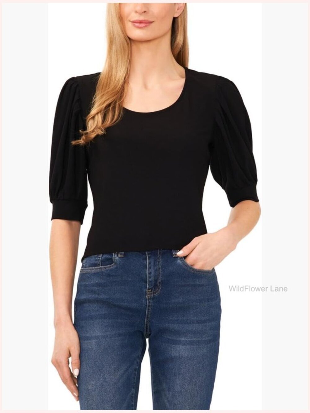 Crew Neck Shirred Short Sleeve Blouse Soft Knit Pullover Top